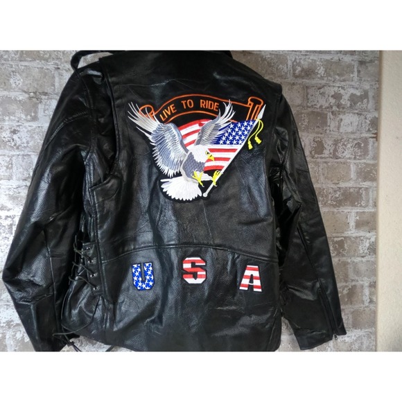 Diamond Plate Buffalo Leather Jacket Mens 2XL Black Eagle USA Patch Motorcycle - Picture 9 of 13